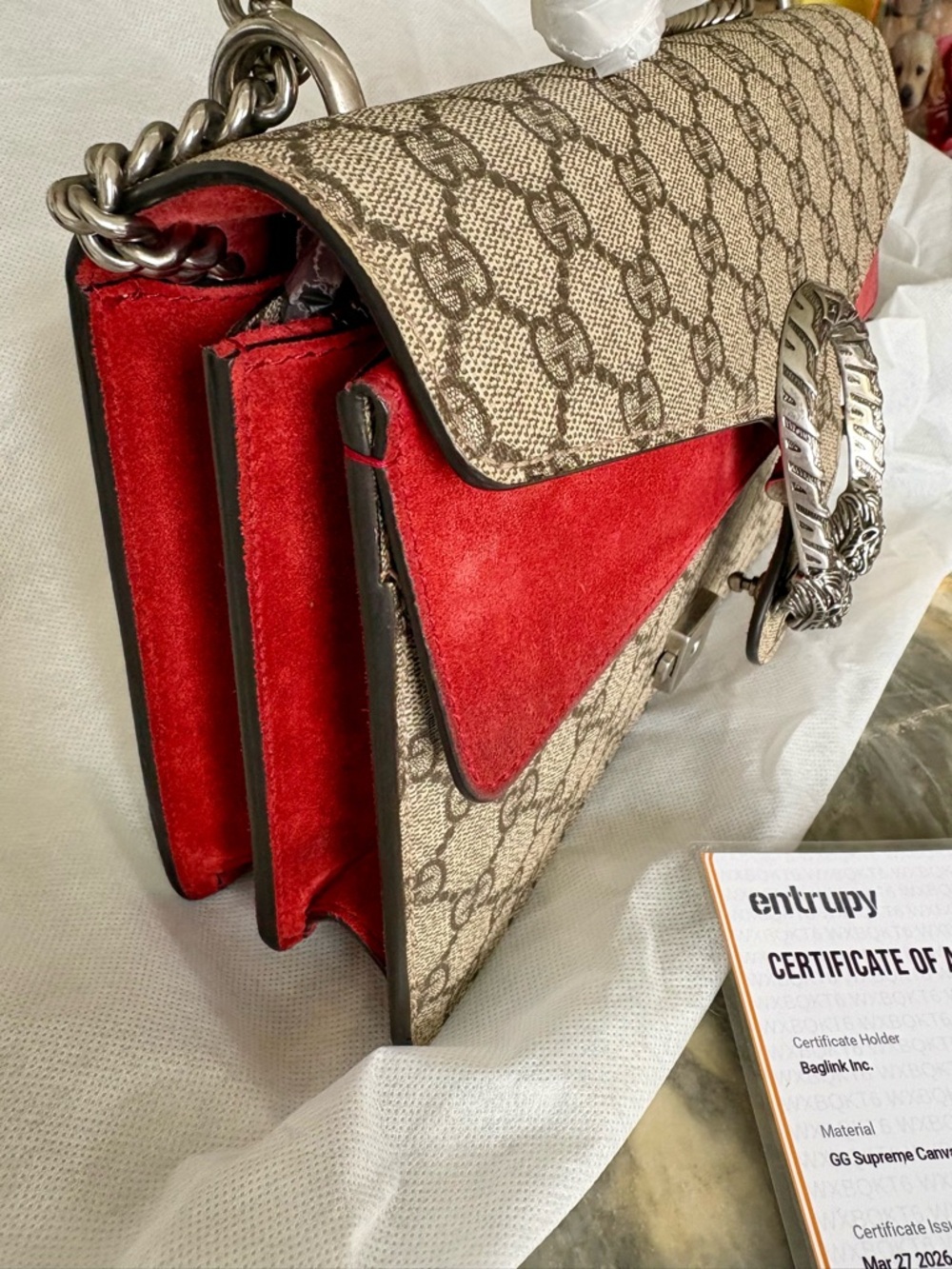 CERTIFIED GUCCI Dionysus Beige GG Supreme Canvas Shoulder Bag Red Suede Stripe ! - Picture 8 of 15